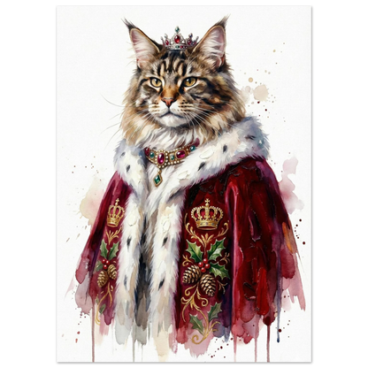 Majestätisk katt i röd kunglig skrud med hermelinpäls – djurmotiv tavla