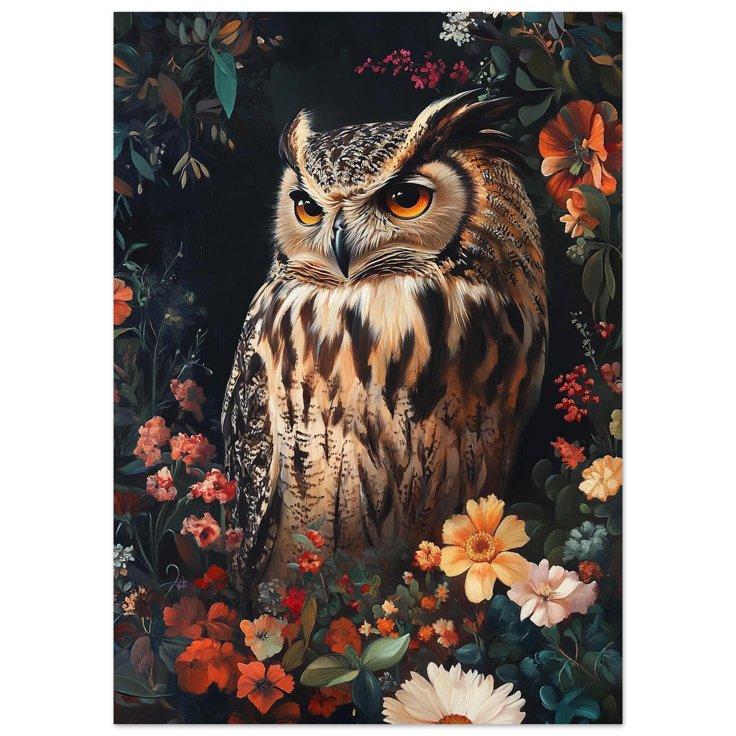 Uggla i mörk blomsterprakt med detaljerad fjäderdräkt – konstnärlig poster