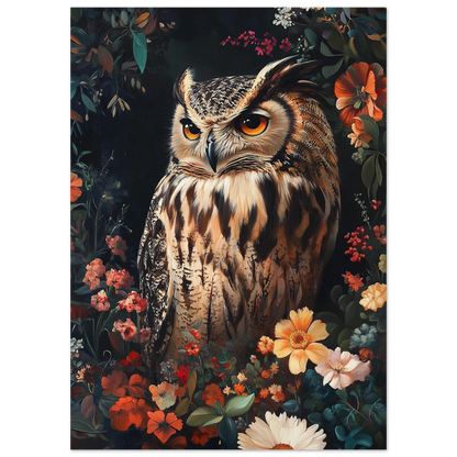 Uggla i mörk blomsterprakt med detaljerad fjäderdräkt – konstnärlig poster