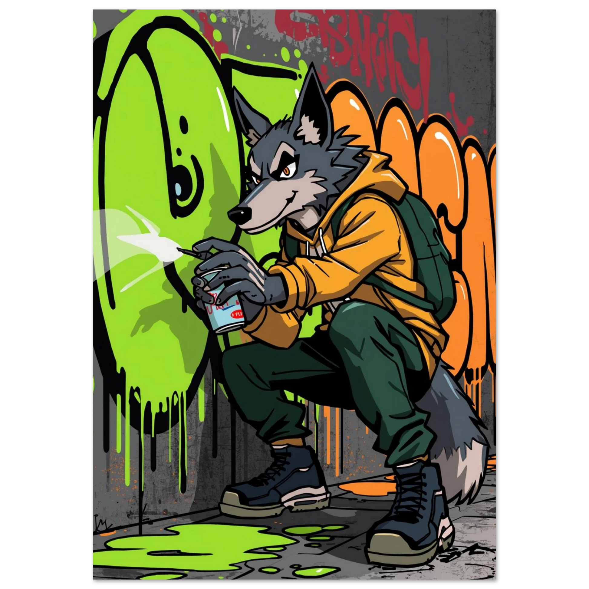 Cool varg i orange tröja målar graffiti – modern illustration