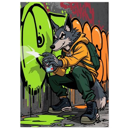 Cool varg i orange tröja målar graffiti – modern illustration