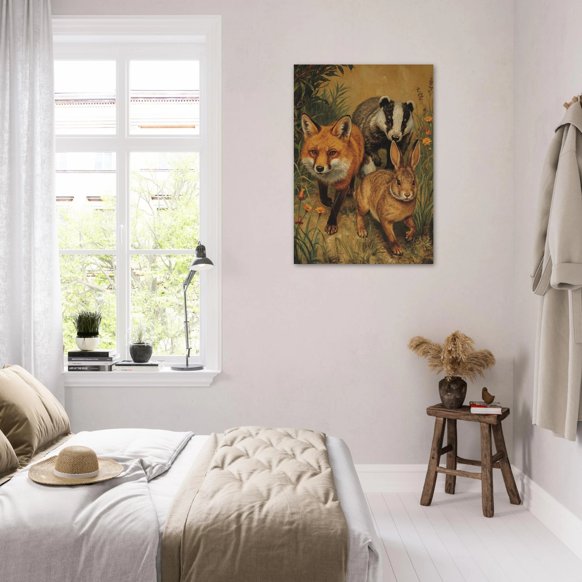 Upphängd poster med skogsbild med räv, grävling och hare i modern sovrumsmiljö – Målad poster
