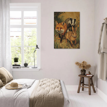 Upphängd poster med skogsbild med räv, grävling och hare i modern sovrumsmiljö – Målad poster