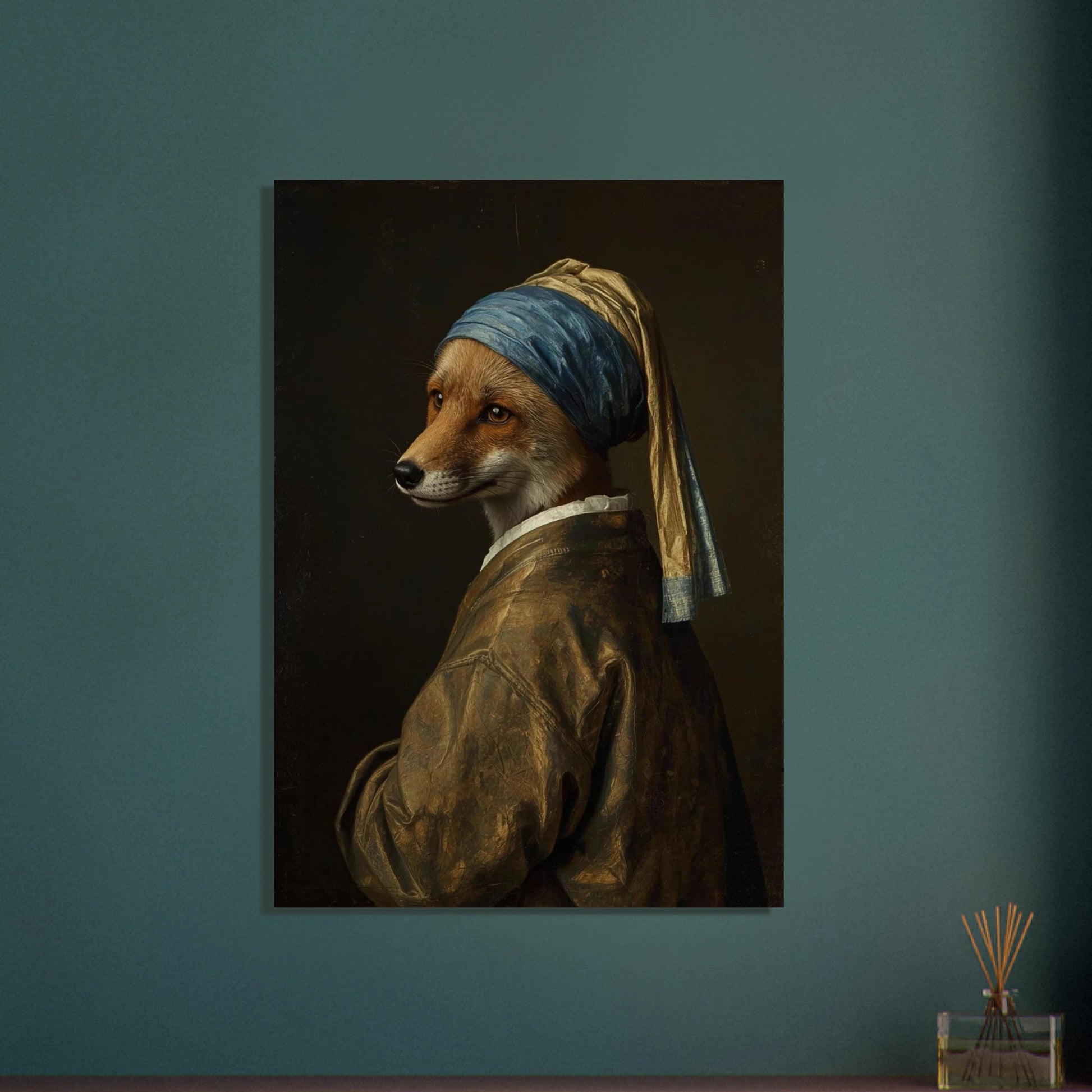 Räv i renässansstil med blå och gul huvudduk, elegant konstverk.