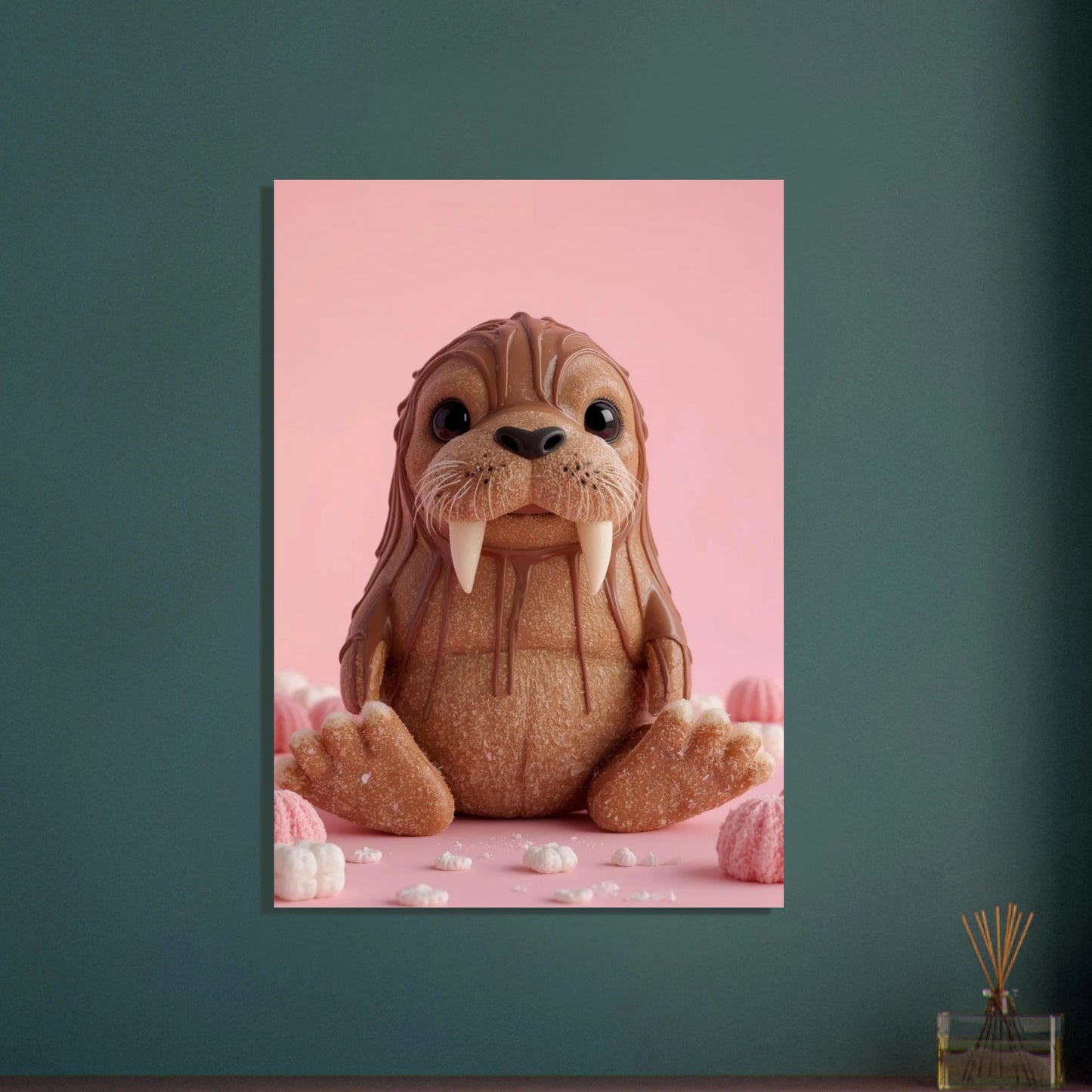 Söt valrossfigur av choklad och godis på rosa bakgrund.