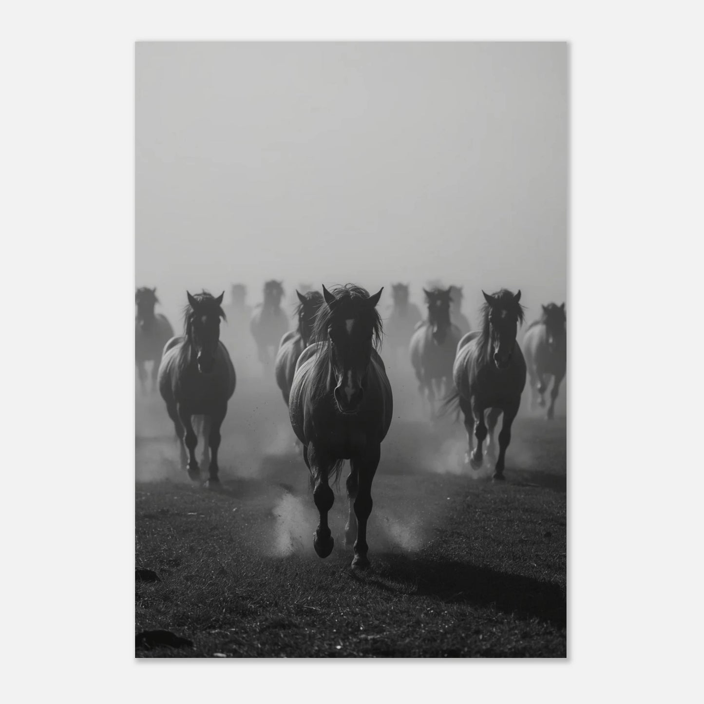 Stilren tavla av en flock hästar som symboliserar frihet och styrka
