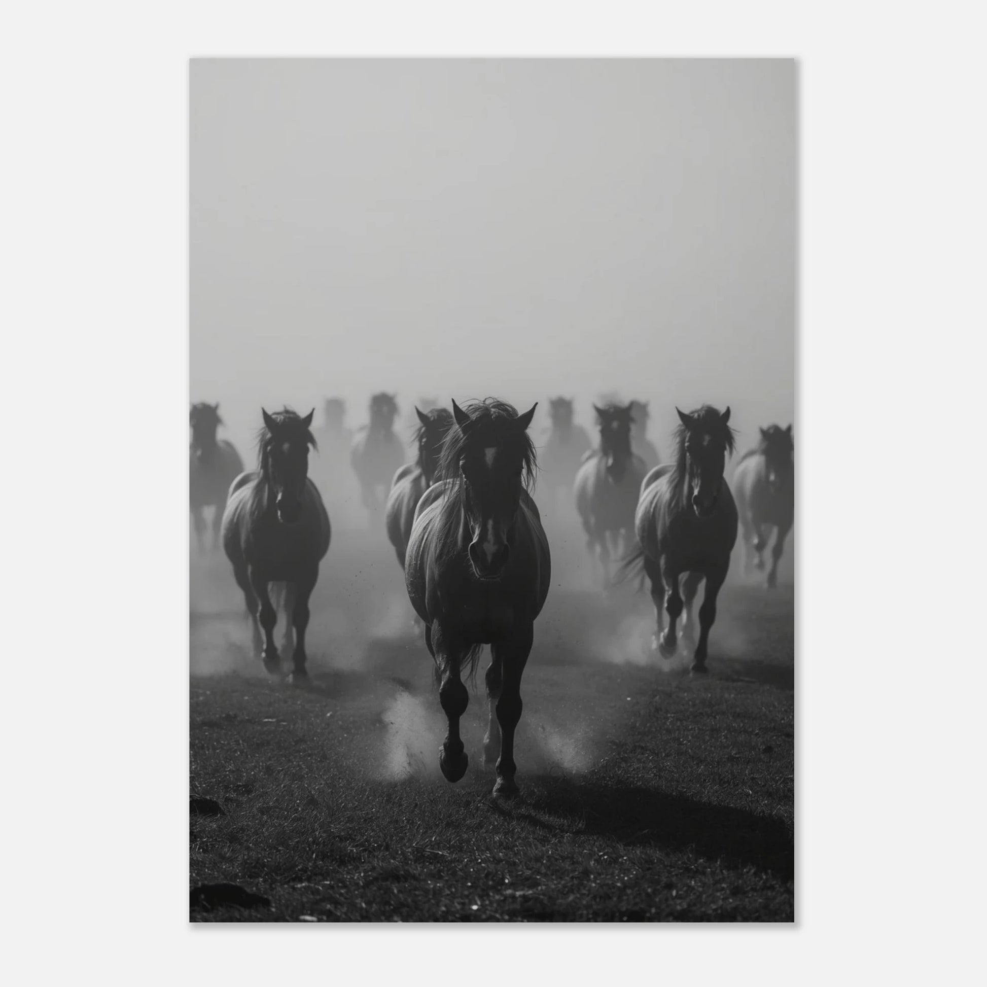 Stilren tavla av en flock hästar som symboliserar frihet och styrka