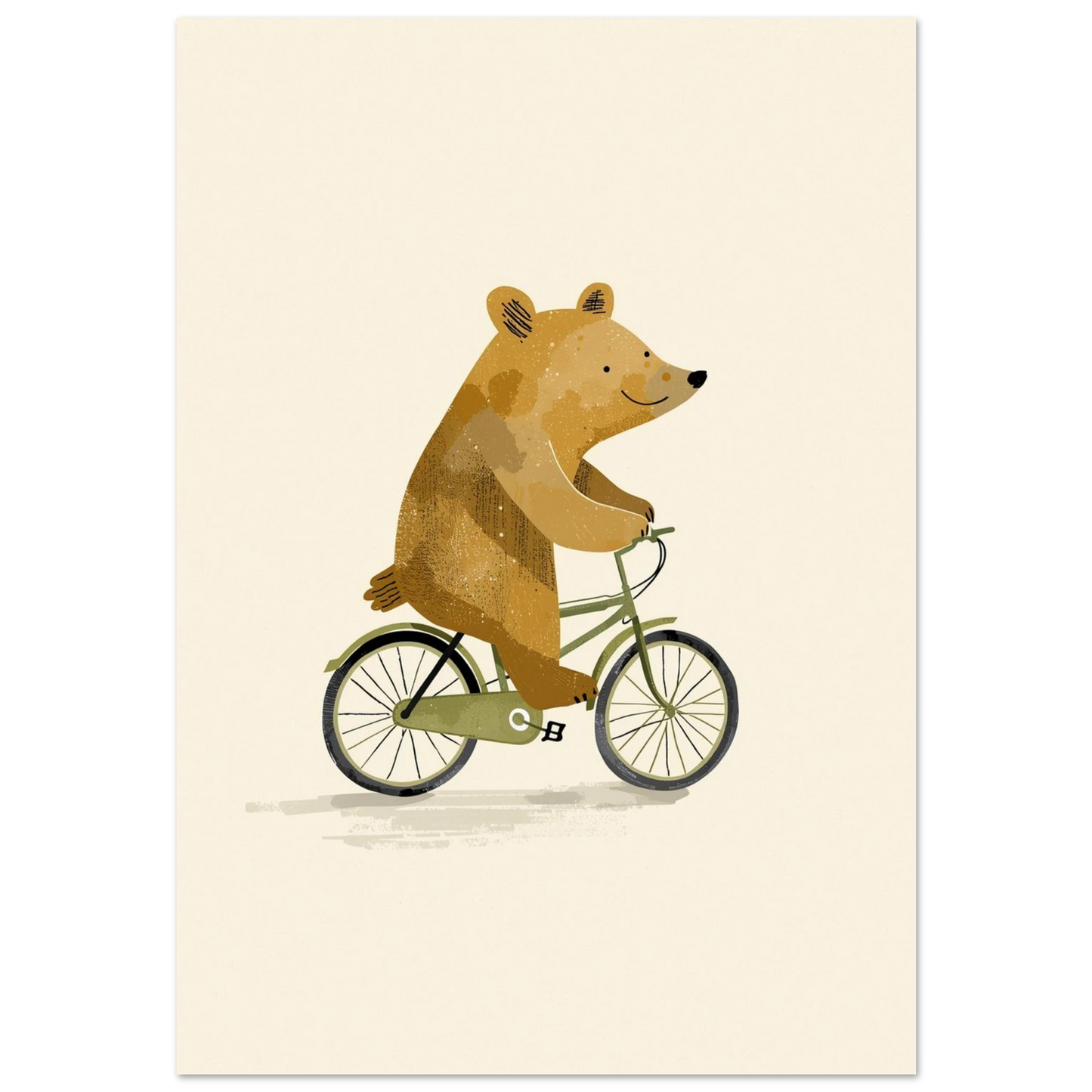 Illustration av en glad brunbjörn som cyklar på en grön cykel