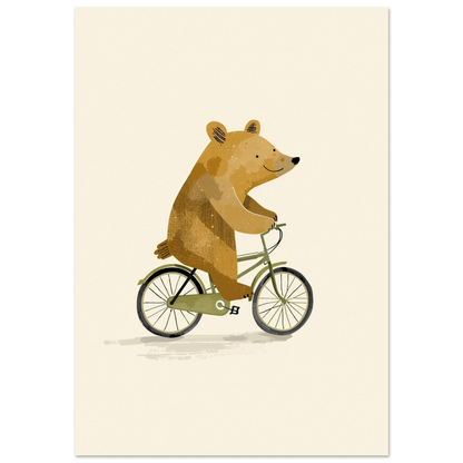 Illustration av en glad brunbjörn som cyklar på en grön cykel