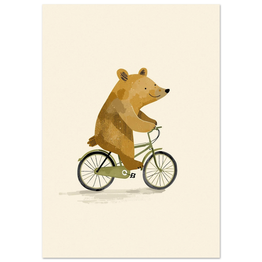 Illustration av en glad brunbjörn som cyklar på en grön cykel