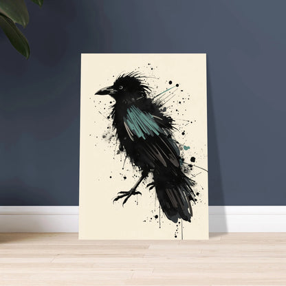 Stiliserad kråka/korp av bläckstänk, mystisk och konstnärlig design.