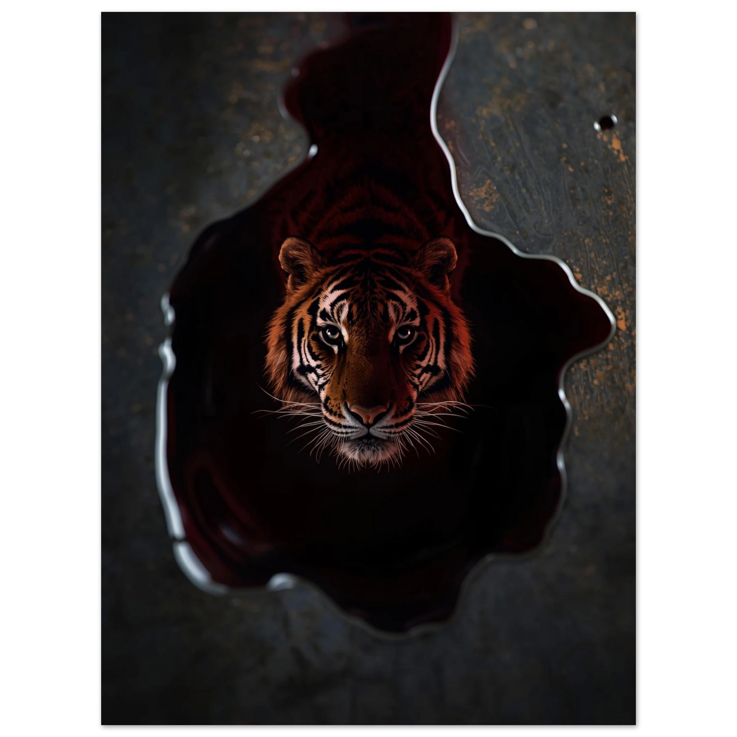 Dramatisk illustration av en tiger i en mörk reflektion, väggkonst