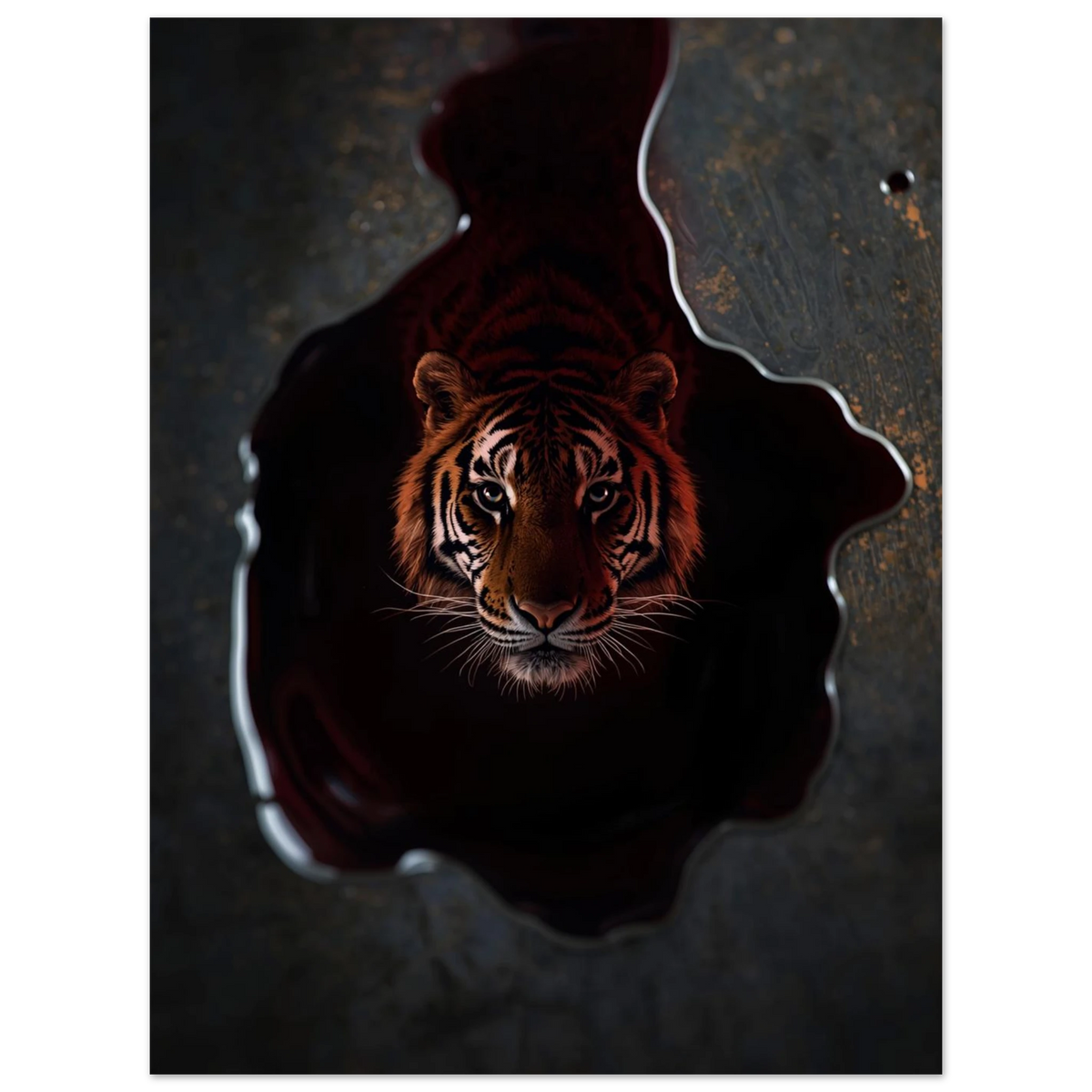 Dramatisk illustration av en tiger i en mörk reflektion, väggkonst