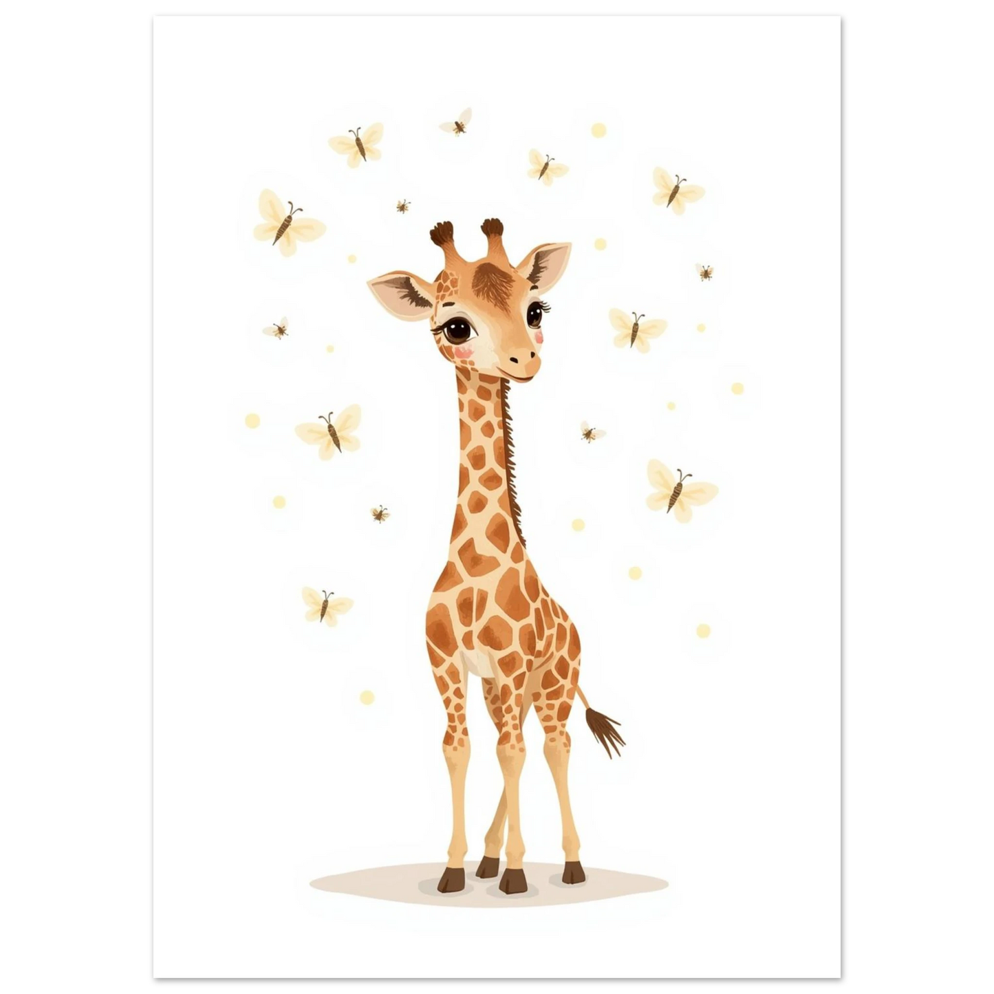 Inramad giraffposter i ljust barnrum ovanför en säng med beige lakan