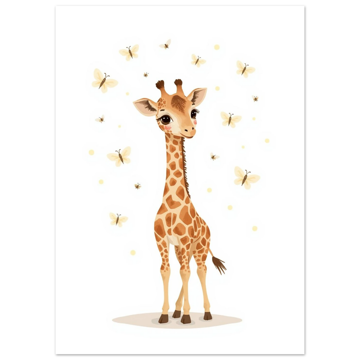 Inramad giraffposter i ljust barnrum ovanför en säng med beige lakan