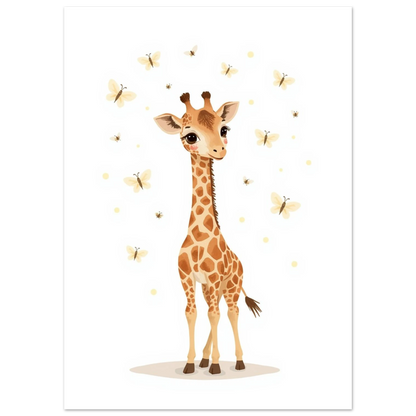 Inramad giraffposter i ljust barnrum ovanför en säng med beige lakan