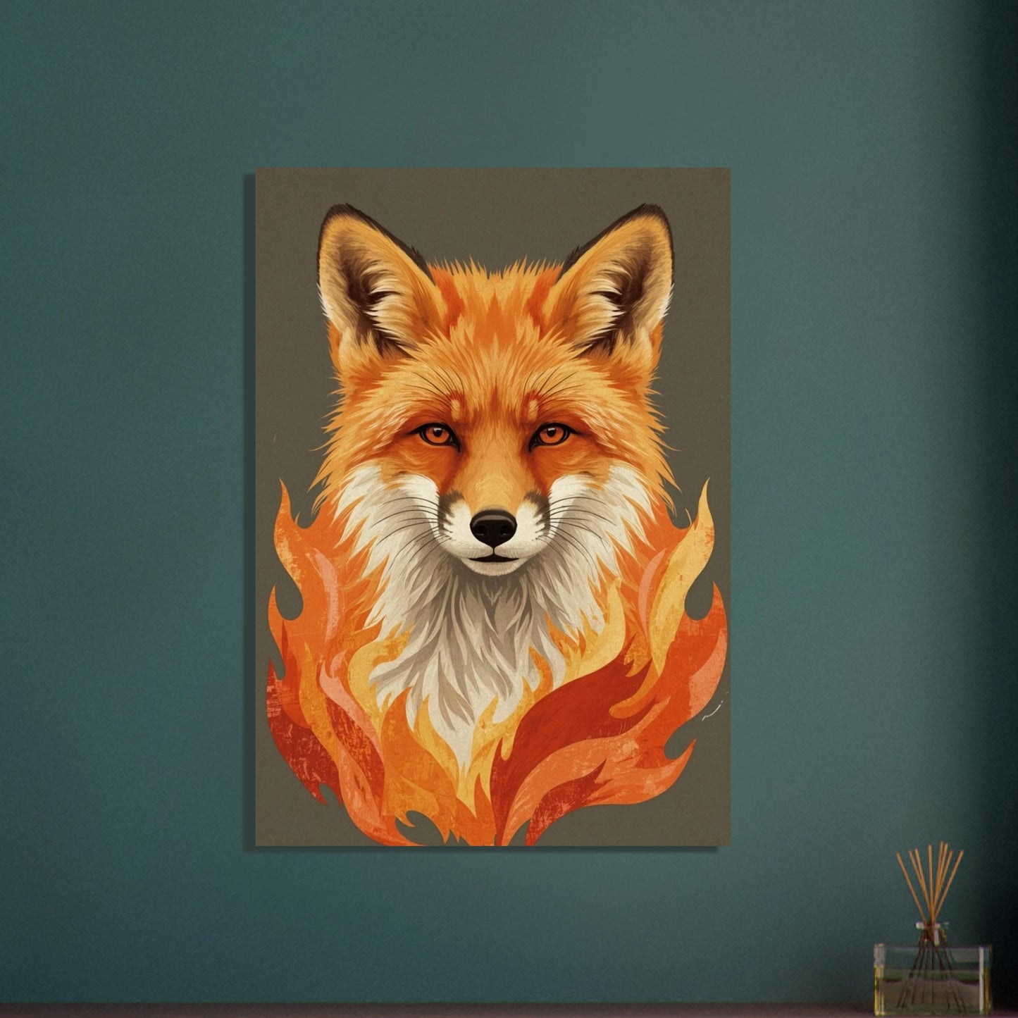 Inredningsbild med rävposter i flammande prakt monterad på en mörkblå vägg