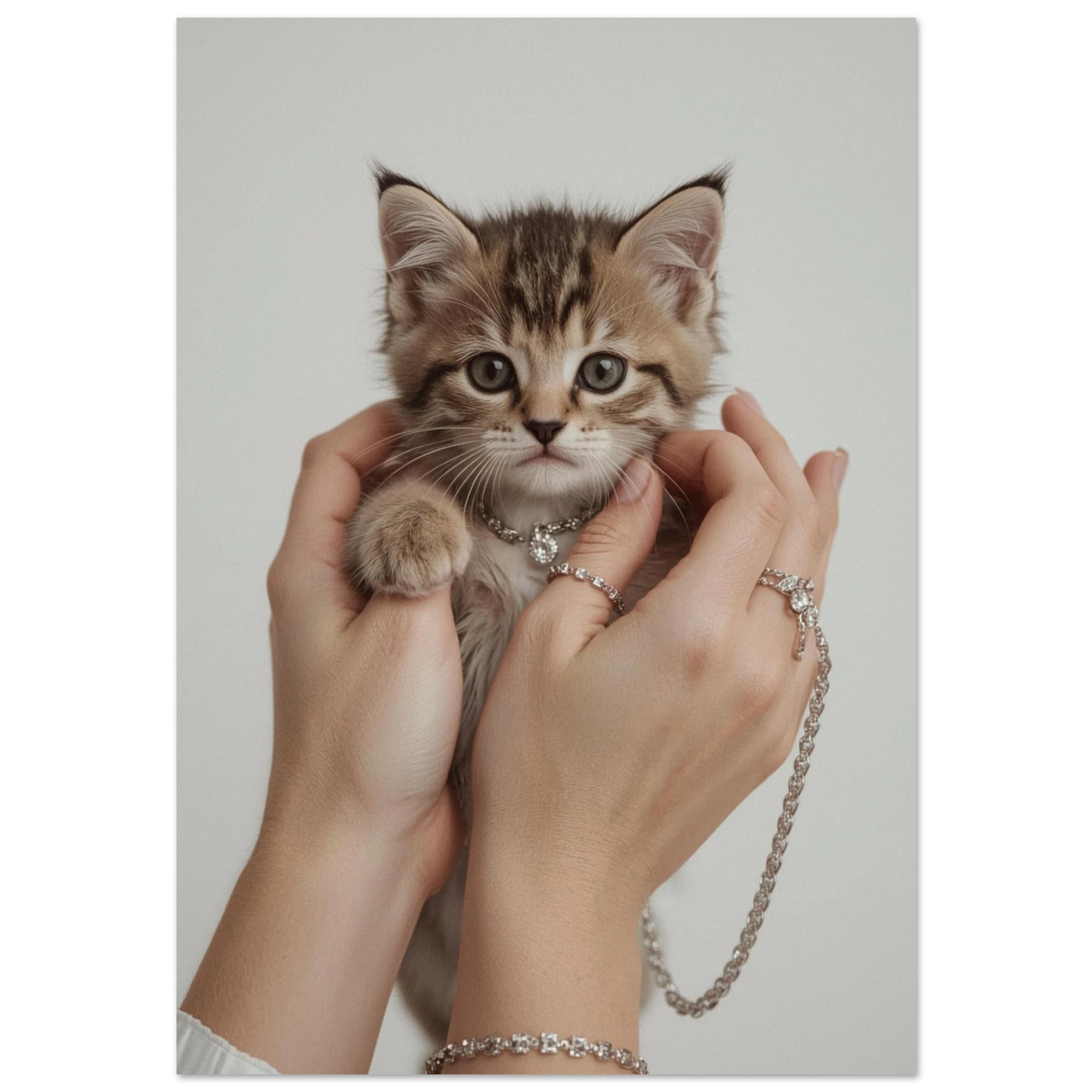 Liten randig kattunge i händer med silversmycken på mörk bakgrund