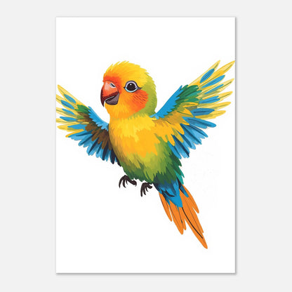 Lekfull barnposter med en flygande papegoja i gult, orange och blått