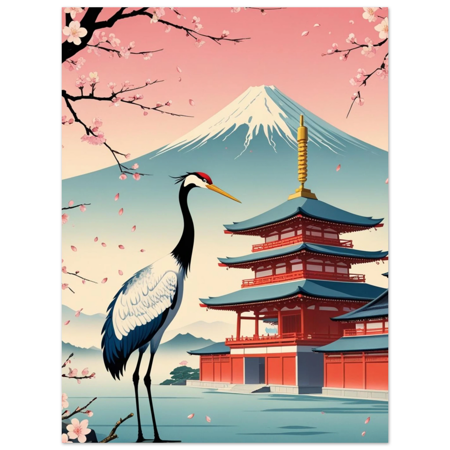 Asiatiskt naturmotiv med en trana och Fuji i solnedgång