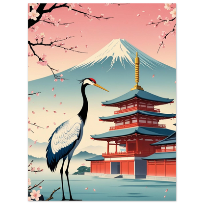 Asiatiskt naturmotiv med en trana och Fuji i solnedgång