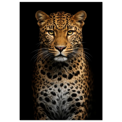 Detaljbild av en leopard framifrån med en mörk bakgrund – Fotorealistisk poster