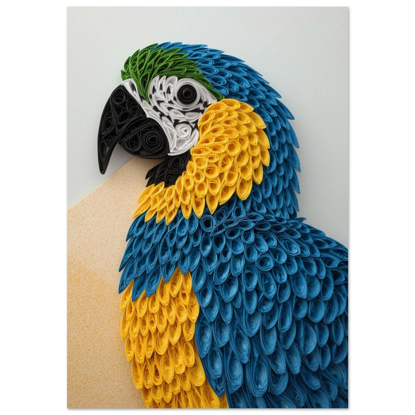 Blågul ara i quilling-teknik med rullade pappersdetaljer – färgstark djurposter