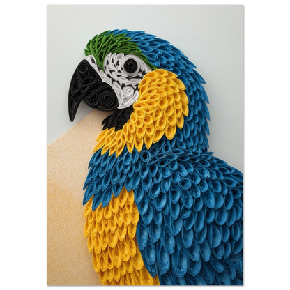 Blågul ara i quilling-teknik med rullade pappersdetaljer – färgstark djurposter