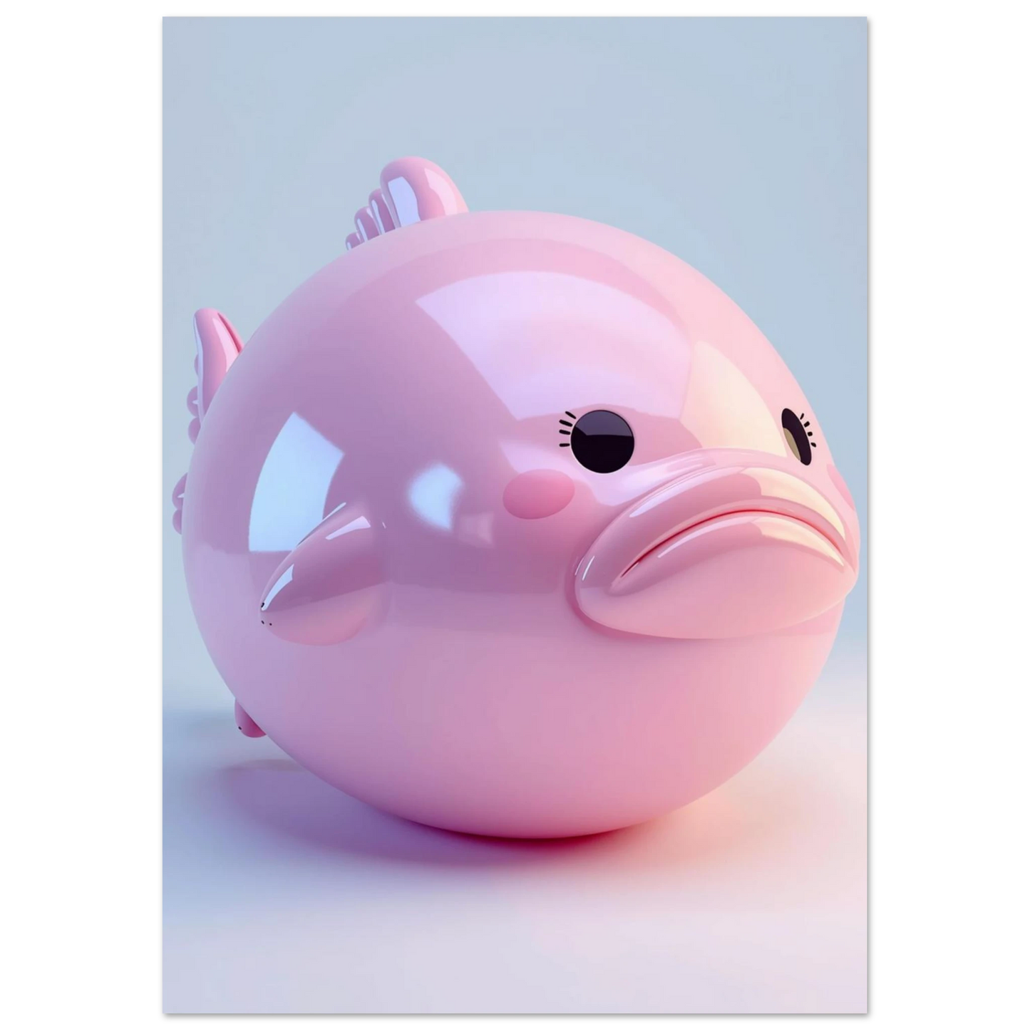 Söt blobfisk i 3D-illustration med pastellrosa toner och mjuka reflektioner