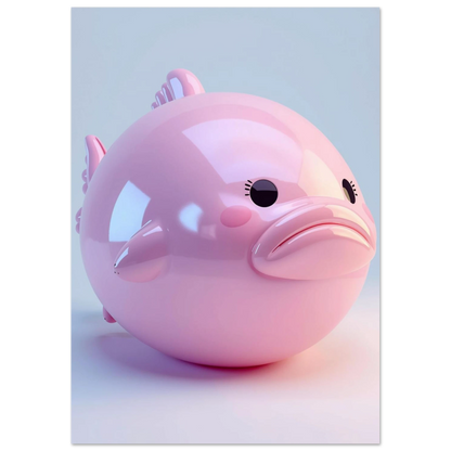 Söt blobfisk i 3D-illustration med pastellrosa toner och mjuka reflektioner