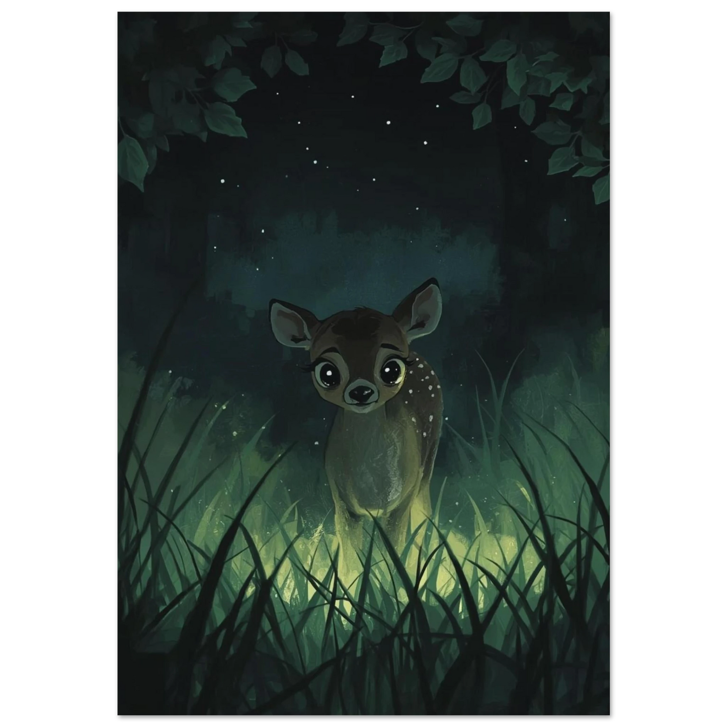 Sött rådjurskid med stora ögon i mörk skog – digital illustration