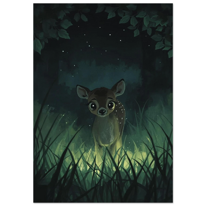 Sött rådjurskid med stora ögon i mörk skog – digital illustration