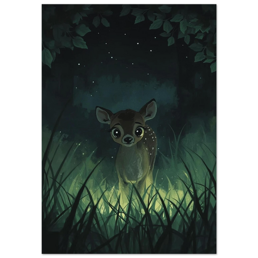 Sött rådjurskid med stora ögon i mörk skog – digital illustration
