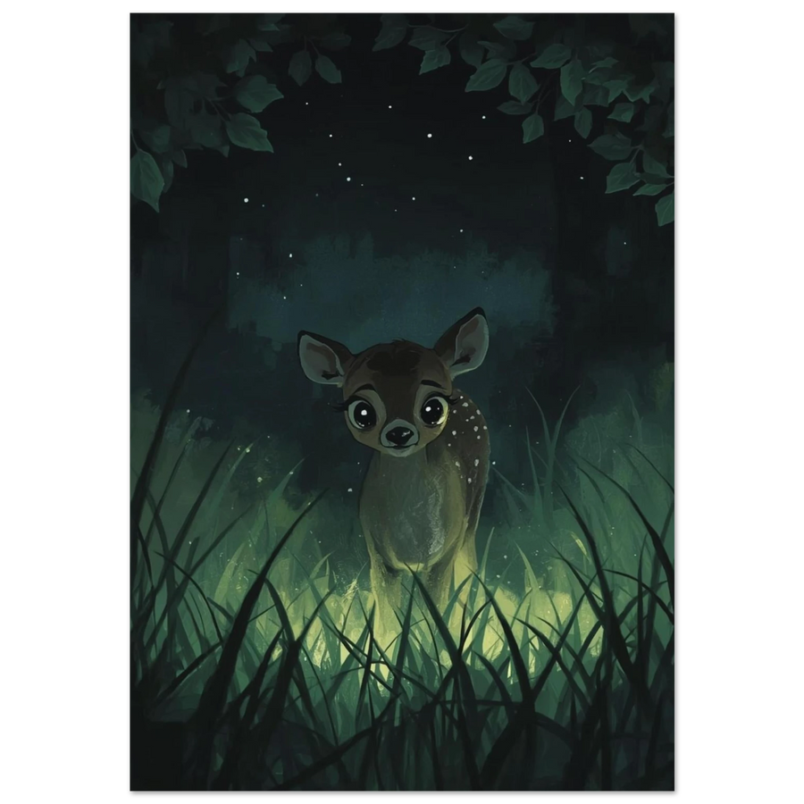 Sött rådjurskid med stora ögon i mörk skog – digital illustration