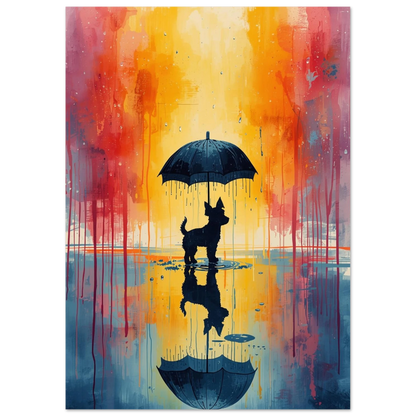Konstnärlig djurposter med hundreflektion i en vattenpöl under regn
