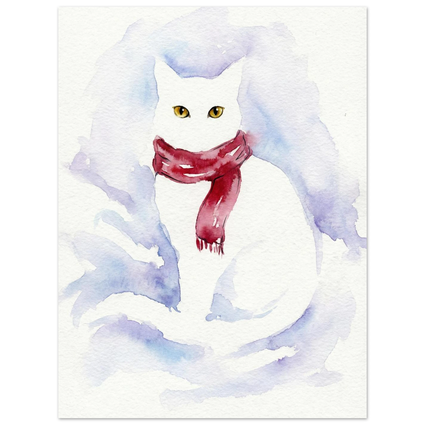 Sittande vit katt med rödstickad halsduk, akvarellillustration för väggkonst
