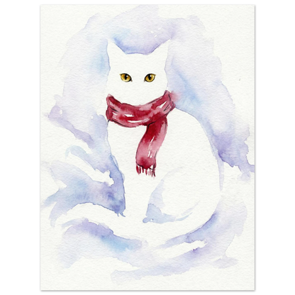 Sittande vit katt med rödstickad halsduk, akvarellillustration för väggkonst