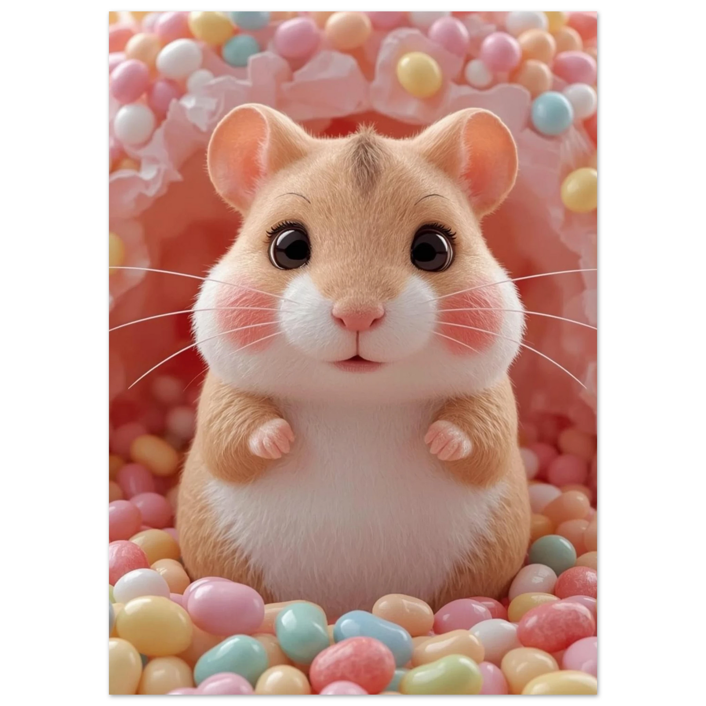 Närbild på hamster med rosa kinder och godisbakgrund – digital illustration