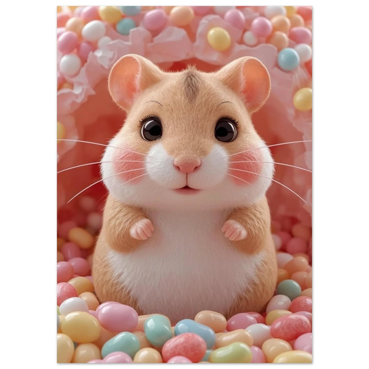Närbild på hamster med rosa kinder och godisbakgrund – digital illustration