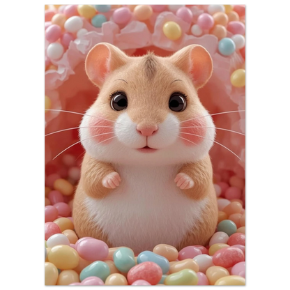 Närbild på hamster med rosa kinder och godisbakgrund – digital illustration