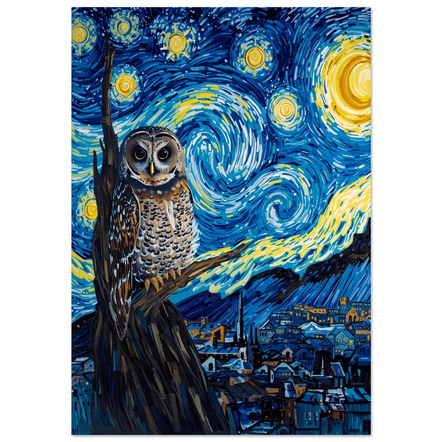 Uggla på gren framför virvlande blå natthimmel i Van Gogh-stil