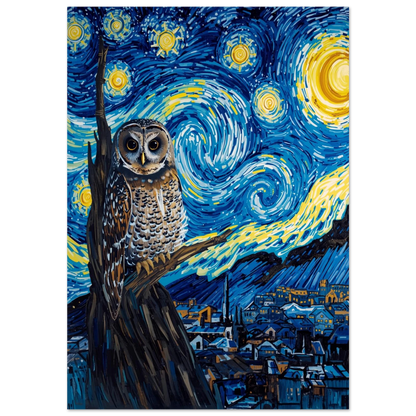 Uggla på gren framför virvlande blå natthimmel i Van Gogh-stil
