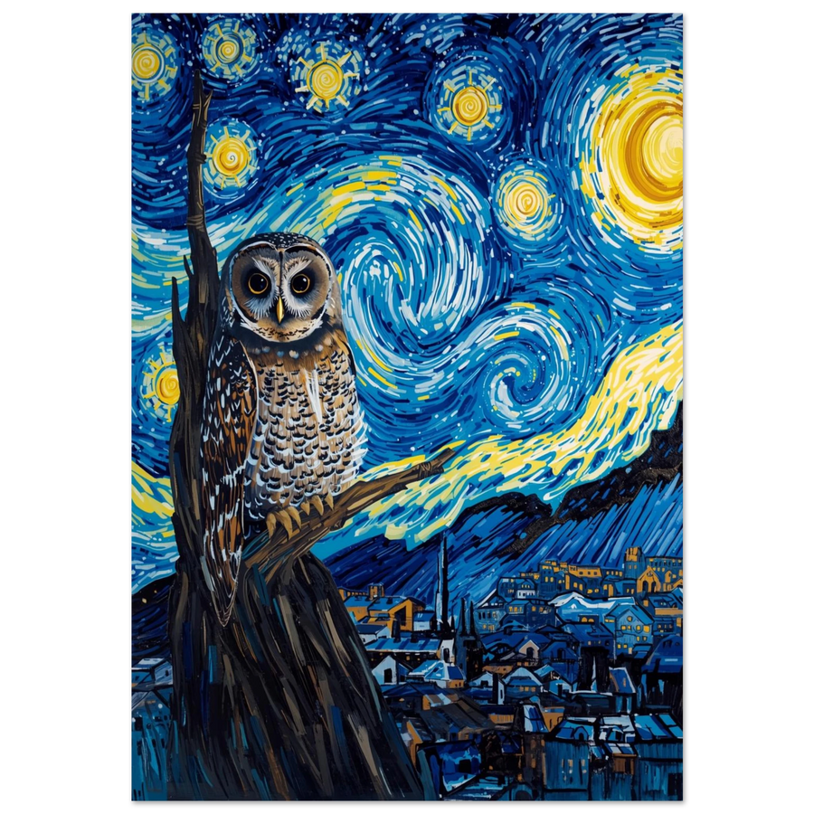 Uggla på gren framför virvlande blå natthimmel i Van Gogh-stil