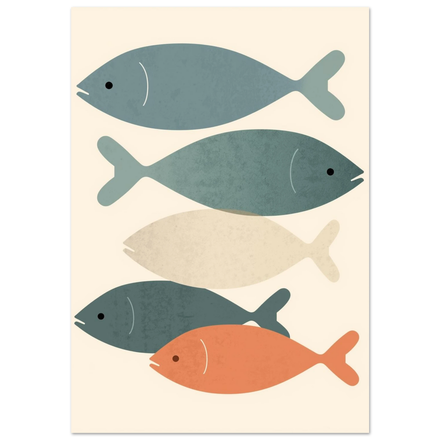Abstrakt fiskposter med staplade motiv i blått och orange