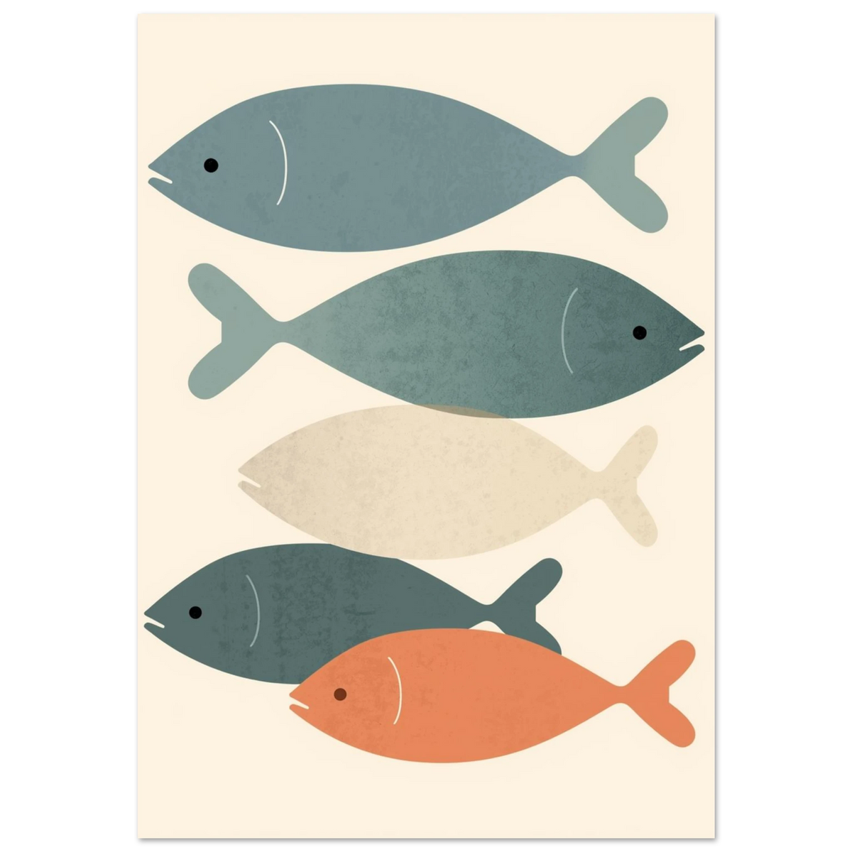 Abstrakt fiskposter med staplade motiv i blått och orange