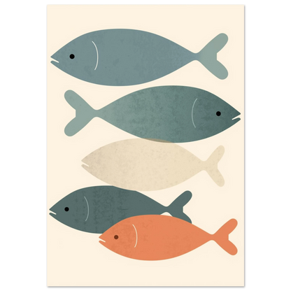 Abstrakt fiskposter med staplade motiv i blått och orange