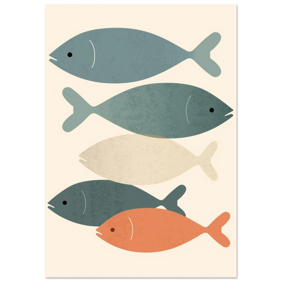 Abstrakt fiskposter med staplade motiv i blått och orange