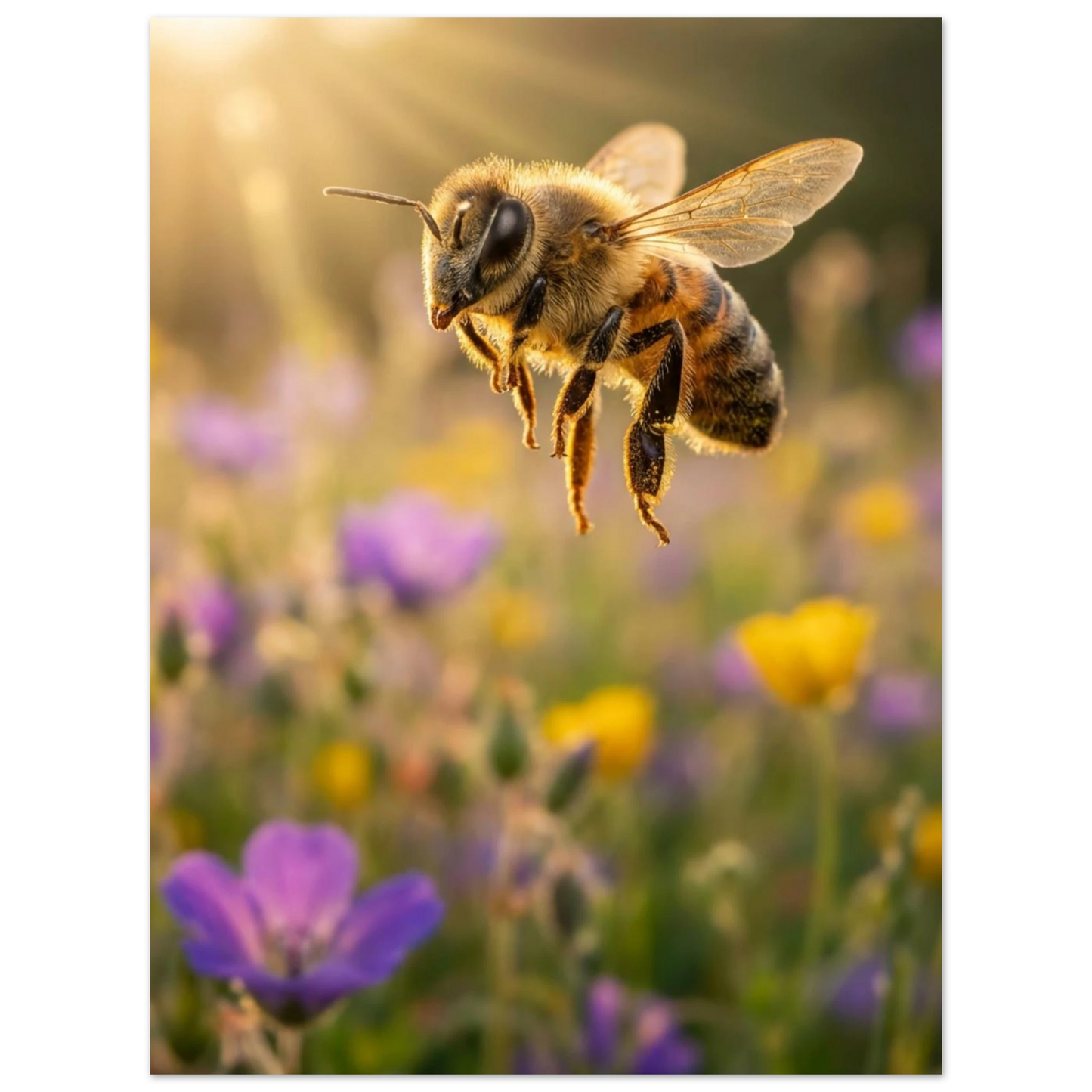 Bi med belysta vingar i solnedgången över en variation av blommor – Fotorealistisk poster