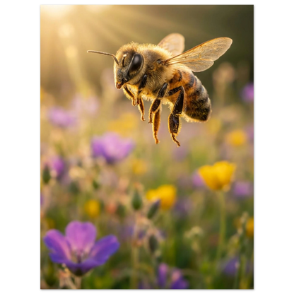Bi med belysta vingar i solnedgången över en variation av blommor – Fotorealistisk poster