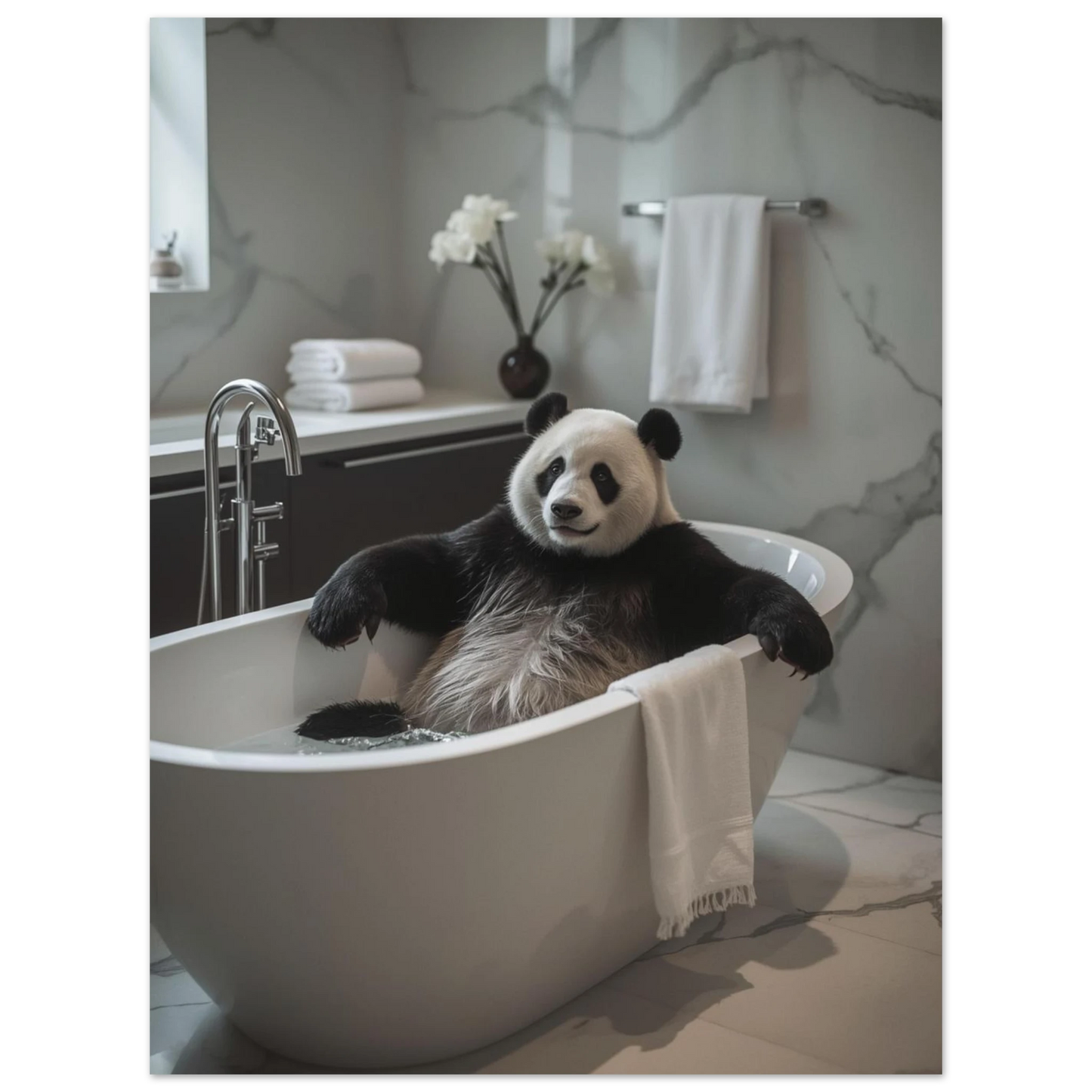 Avslappnad panda i badmiljö med vita blommor och grå marmor, väggkonst